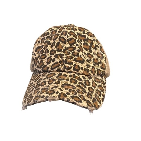 Charming Charlie’s Criss Cross Leopard Ponytail Trucker Hat - Picture 1 of 12